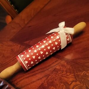 Heart Patterned Red Rolling Pin with Ribbon